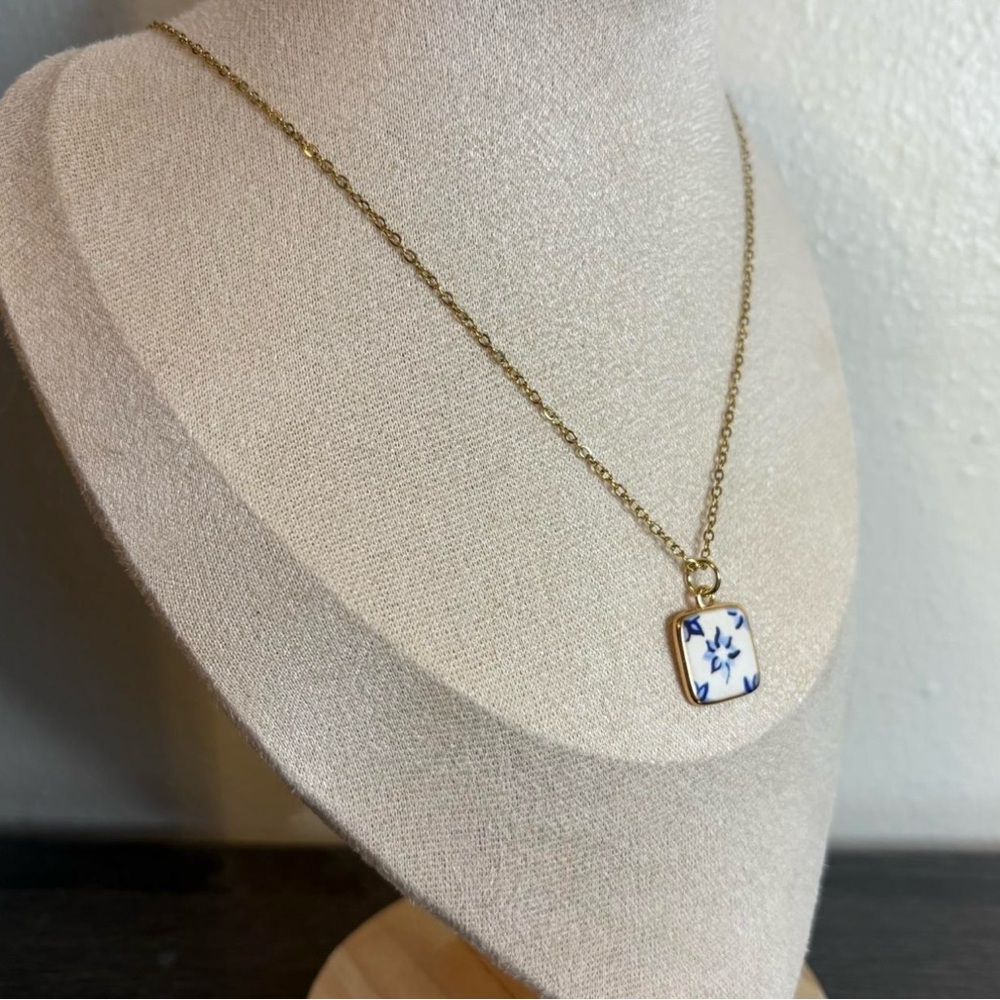 Handmade Gold/Blue Flower Necklace | Waterproof & Tarnish Resistant - Picture 3 of 5